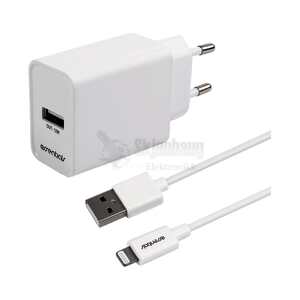 Wall Charger 12W, USB-A Light. MFI, Cable 1m, white
