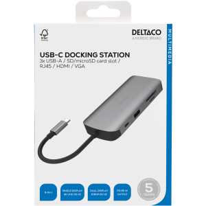 USB-C-dokkingstasjon 3 x USB-A, SD/microSD, RJ45, HDMI, VGA, sølv
