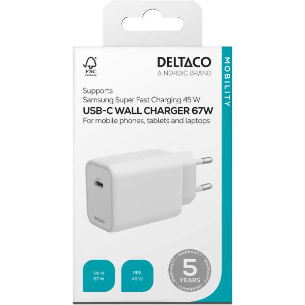 USB-C GaN vegglader 67 W, Samsung Super Fast Charging, hvit 1 nettbrett og bærbare datamaskiner. Den støtter Samsung Super Fast Charging opptil 45W
