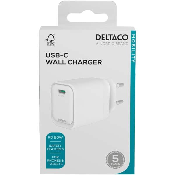 USB-C wall charger, 1x USB-C PD, 20 W, white 1 Fast charge your mobile devices with up to 20 W.