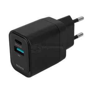 USB wall charger, 1x USB-A 18 W, 1x USB-C PD 20 W, black