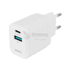 USB wall charger, 1x USB-A 18 W, 1x USB-C PD 20 W, white