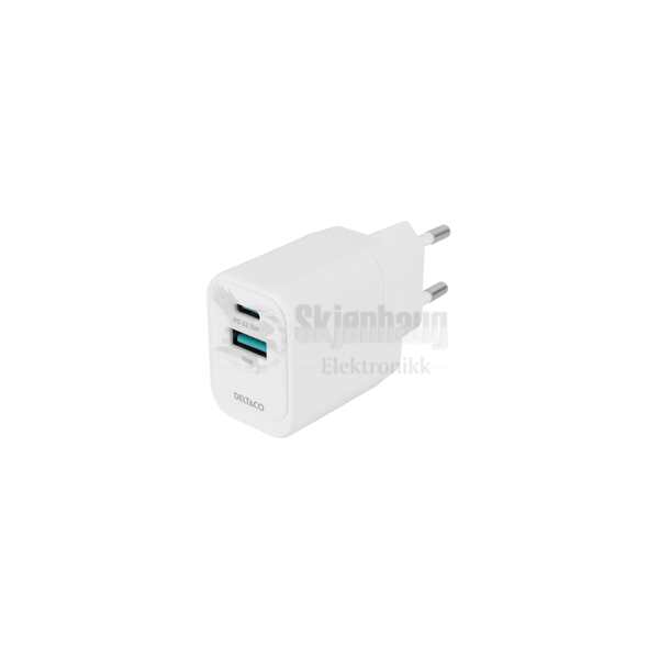 USB wall charger, 1x USB-A 18 W, 1x USB-C PD 20 W, white 1 USB wall charger, 1x USB-A 18 W, 1x USB-C PD 20 W, white