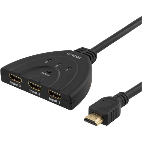 3-porters HDMI Pigtail-svitsj, 0,5m, gullbelagte kontakter, svart
