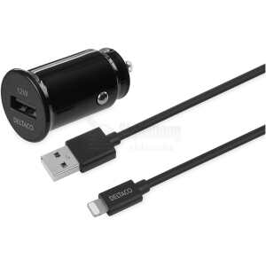 USB car charger, 1x USB-A 2.4 A, 1 m Lightning cable, black
