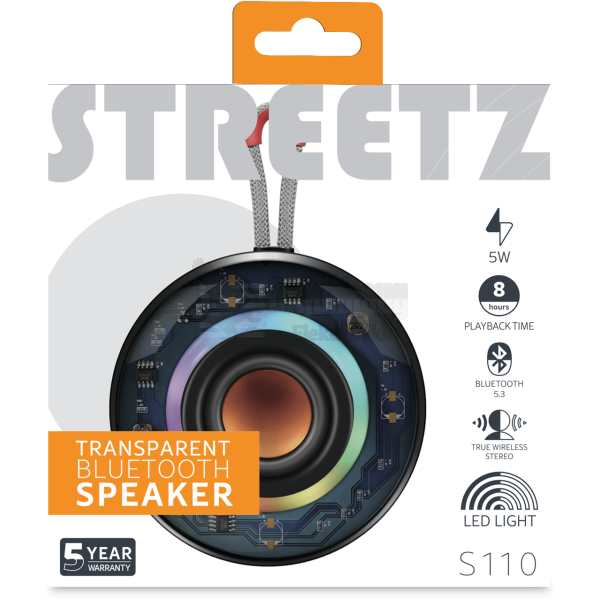 gir iøynefallende utseende. Den har True Wireless Stereo og brukervennlige kontrollknapper for volum og media. Høyttaler med 5W RMS-effekt via en 1