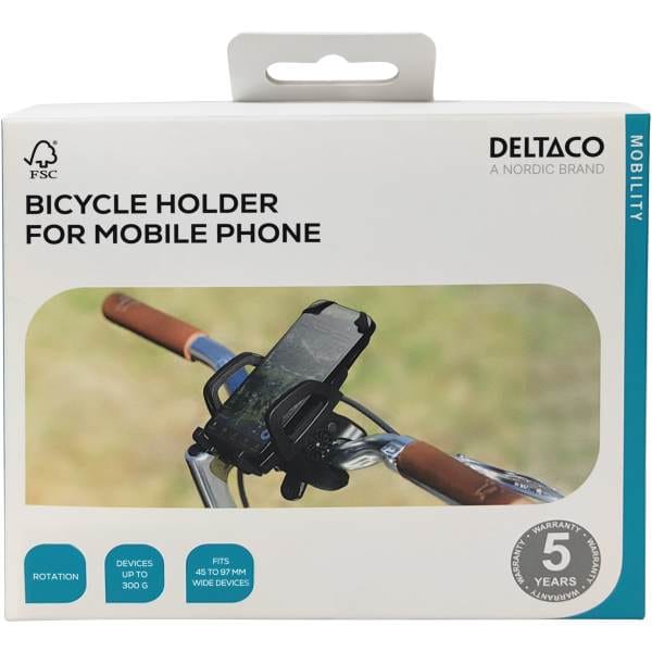 DELTACO smartphone mount for bicycles easily attaches to the handlebars of your bike and keeps your device at hand and securely in place