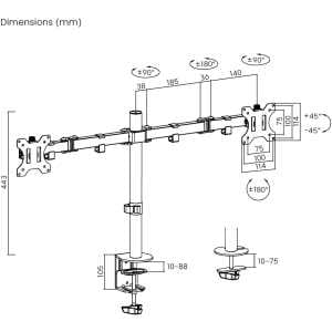 Dual monitor desk mount, 13"-32" screens, VESA 75x75/100x100, black