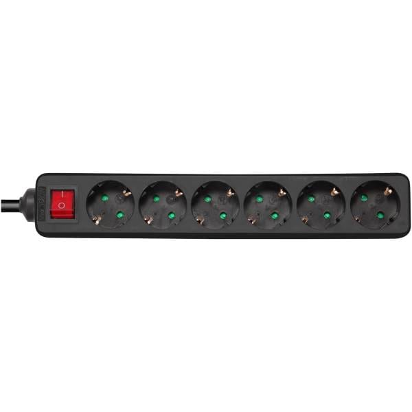 Earthed power strip with power switch, 6x CEE 7/3, 1x CEE 7/7, child protected, 3m, black 1 Earthed power strip with 6-sockets and power switch.