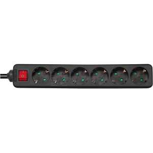 Earthed power strip with power switch, 6x CEE 7/3, 1x CEE 7/7, child protected, 5m, black