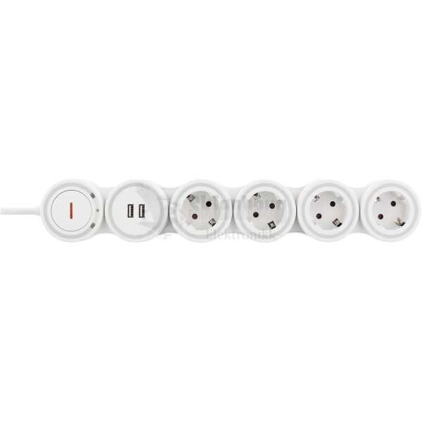 Flexible 4-Socket Power strip, 1.4m, 16A 3500W, 2x USB-A, white