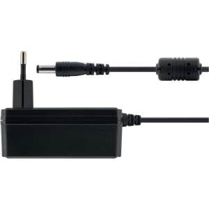 Compact power adapter with LED indicator and minimal standby consumption.