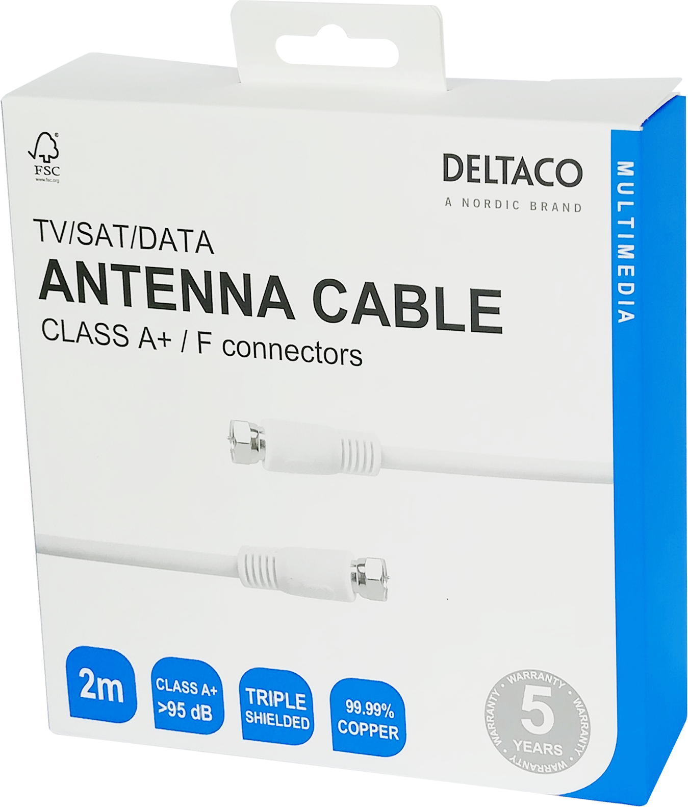 Antennekabel, F-kontakter, klasse A+, radio/TV/SAT/DATA, 2 m, hvit 5 det garanterer minimal signalforstyrrelse.