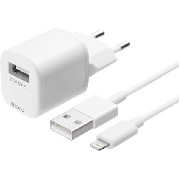 USB-A vegglader med USB-A til Lightning-kabel, 1 m, hvit 1 1 m