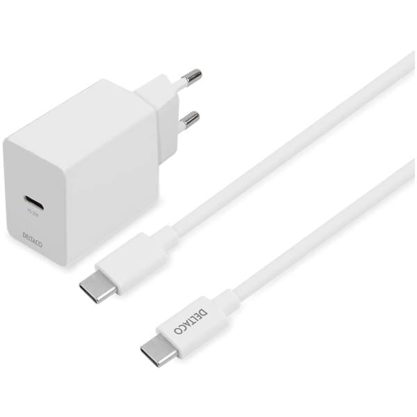 Wall charger including detachable USB-C to USB-C cable and Power Deliver for fast charging of your compatible USB-C devices.
